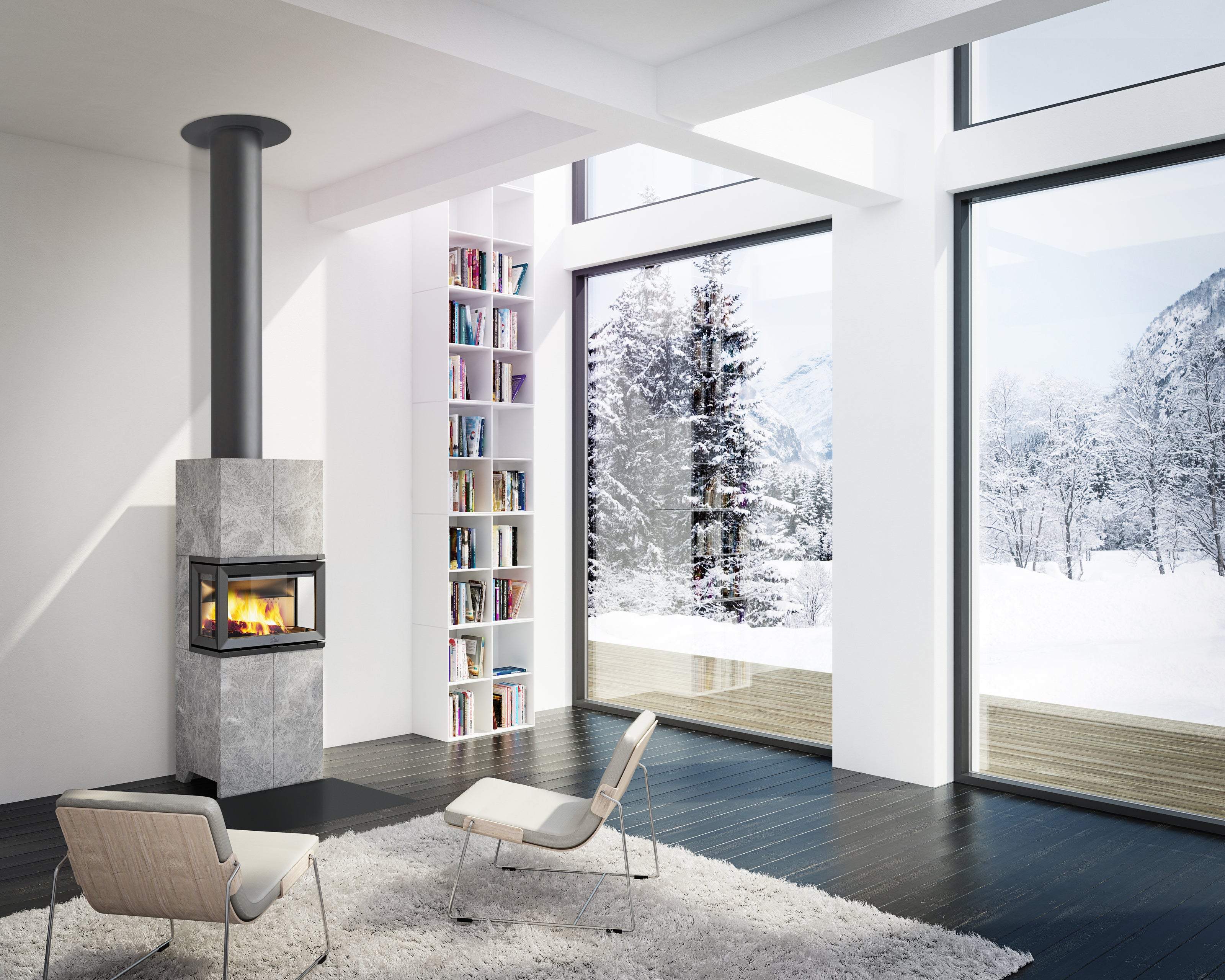 Ketinis židinio ugniakuras  JØTUL FS 173, su trimis stiklais ir steatito apdaila