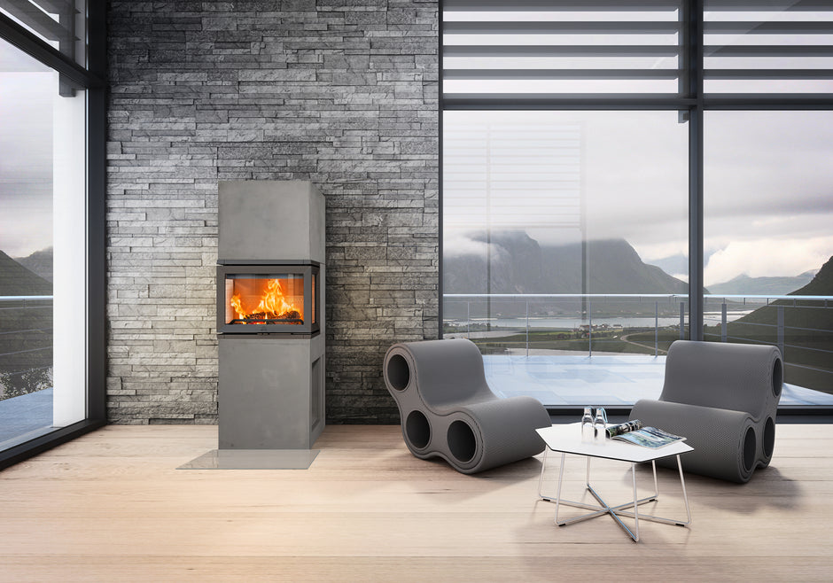 Ketinis židinio ugniakuras  JØTUL FS 173, su trimis stiklais ir steatito apdaila