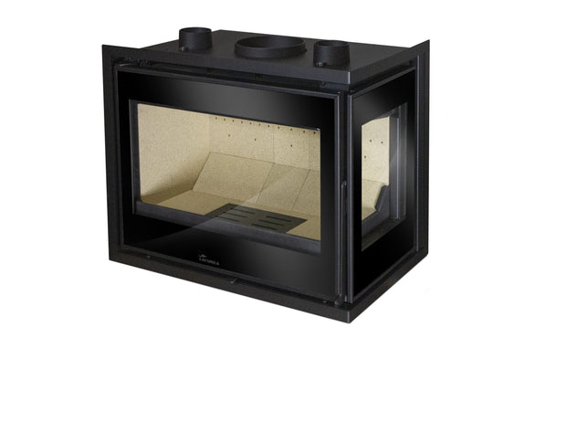 Lacunza ADOUR 600 CLD, plieninis, dešinės pusės, malkinis židinio ugniakuras, juodos spalvos, su dviem stiklais