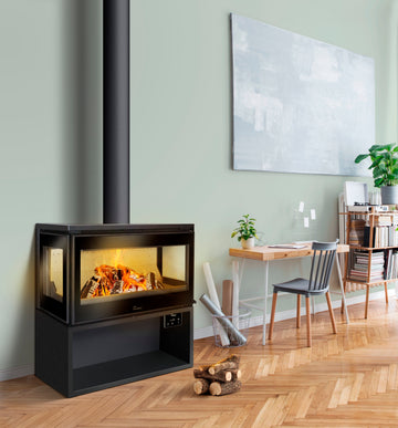 Lacunza PARIS 800 CLID plieninė malkinė krosnelė su trijų stiklų dizainu ir malkų dėtuve