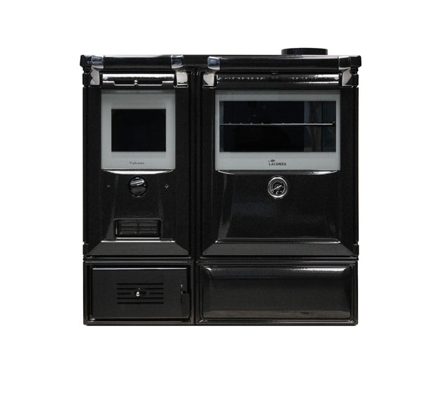 Lacunza VULCANO 7T, ketinė, virtuvinė, malkinė krosnelė, juodos spalvos, su kepimo orkaite ir stiklo keramikos kaitlente