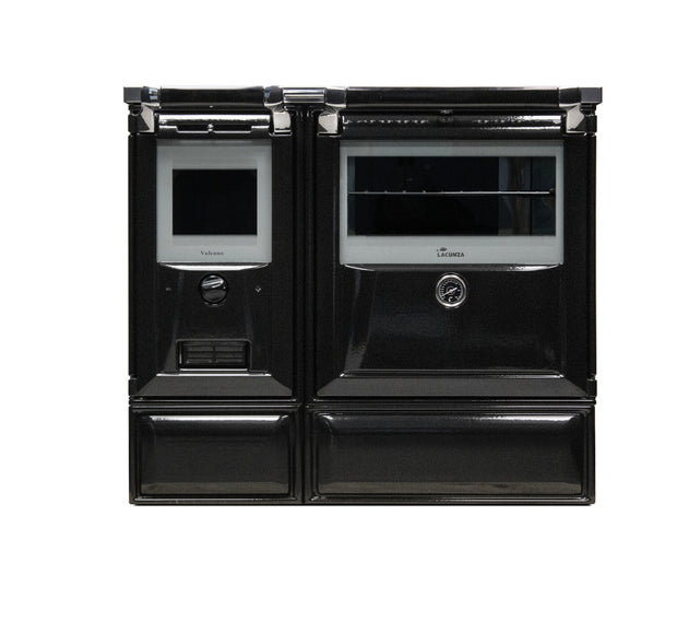 Lacunza VULCANO 8T, ketinė, virtuvinė, malkinė krosnelė, juodos spalvos, su kepimo orkaite ir stiklo keramikos kaitlente